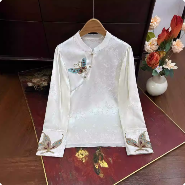 Luxury Satin Jacquard Butterfly Embroidery Top, Chinese Style Commute Shirt