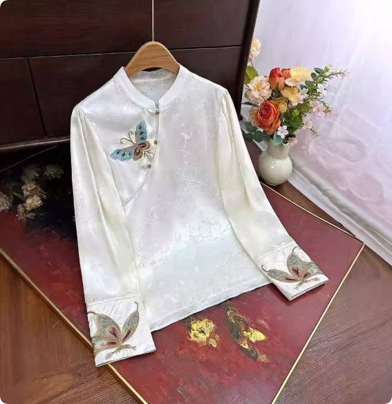 Luxury Satin Jacquard Butterfly Embroidery Top, Chinese Style Commute Shirt