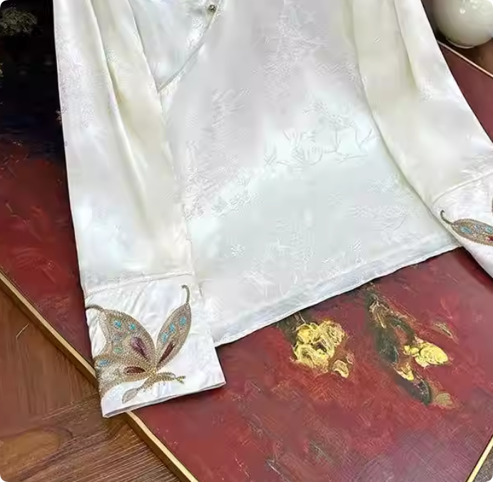Luxury Satin Jacquard Butterfly Embroidery Top, Chinese Style Commute Shirt