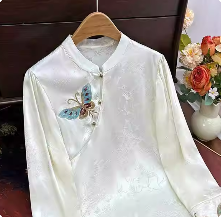 Luxury Satin Jacquard Butterfly Embroidery Top, Chinese Style Commute Shirt