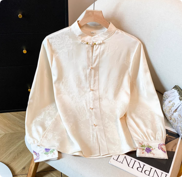 Gentle Apricot Dragon Jacquard Embroidery Shirt, Versatile Chinese Style Commute Top