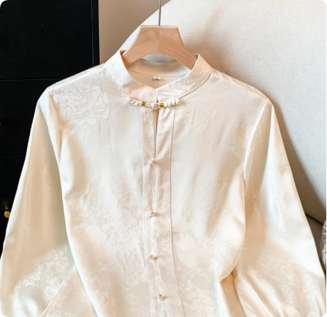 Gentle Apricot Dragon Jacquard Embroidery Shirt, Versatile Chinese Style Commute Top