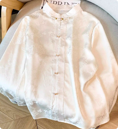 Gentle Apricot Dragon Jacquard Embroidery Shirt, Versatile Chinese Style Commute Top