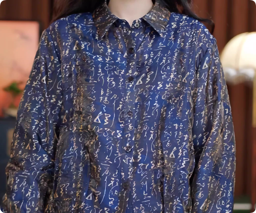 New Chinese-style Calligraphy Gilded Shirt, Navy Chinese Style Jacquard Long-Sleeve Top