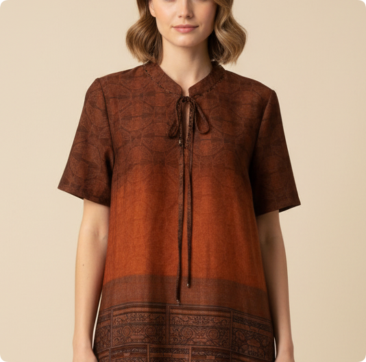 Vintage Gradient Brown Ethnic Tie Neck Dress, Loose Straight Midi Casual Dress