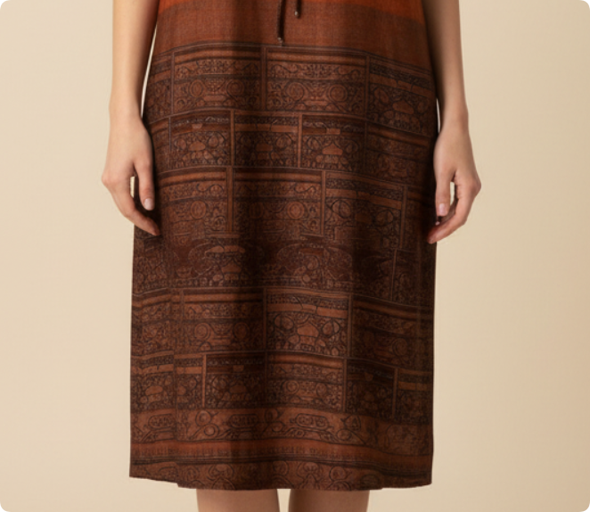 Vintage Gradient Brown Ethnic Tie Neck Dress, Loose Straight Midi Casual Dress