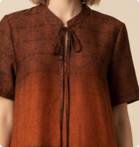 Vintage Gradient Brown Ethnic Tie Neck Dress, Loose Straight Midi Casual Dress