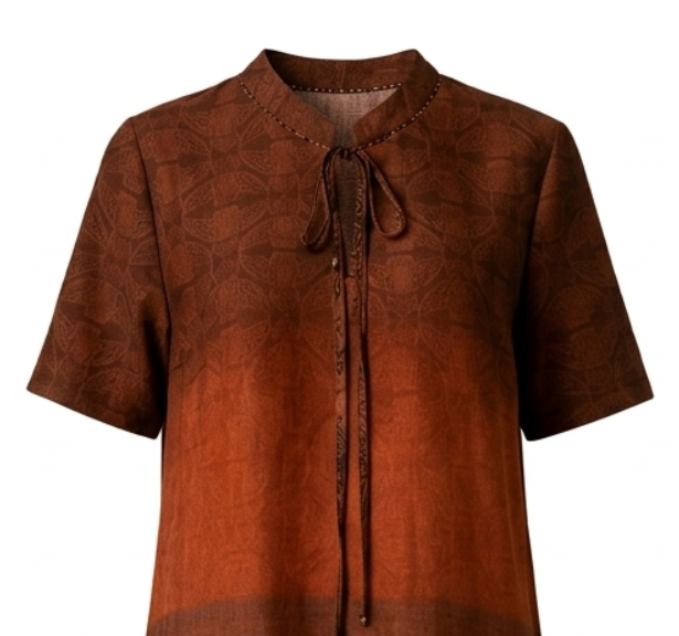 Vintage Gradient Brown Ethnic Tie Neck Dress, Loose Straight Midi Casual Dress