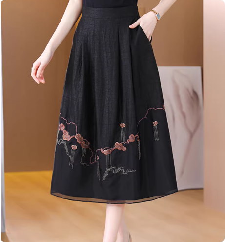New Chinese-style Auspicious Cloud Embroidery Skirt, Black Hidden Pattern Jacquard A-Line Midi Skirt