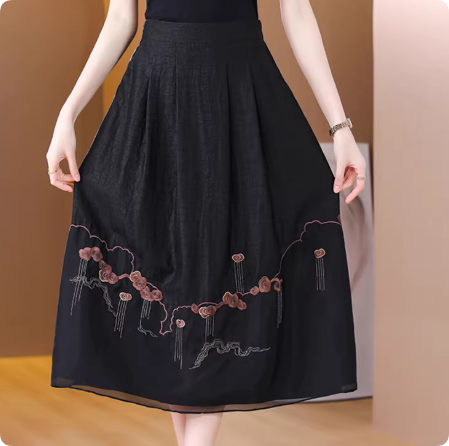 New Chinese-style Auspicious Cloud Embroidery Skirt, Black Hidden Pattern Jacquard A-Line Midi Skirt