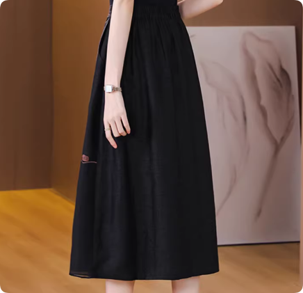 New Chinese-style Auspicious Cloud Embroidery Skirt, Black Hidden Pattern Jacquard A-Line Midi Skirt
