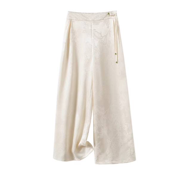 New Chinese-style Bamboo Jacquard Wide-Leg Pants, Cream Satin Draped Casual Trousers