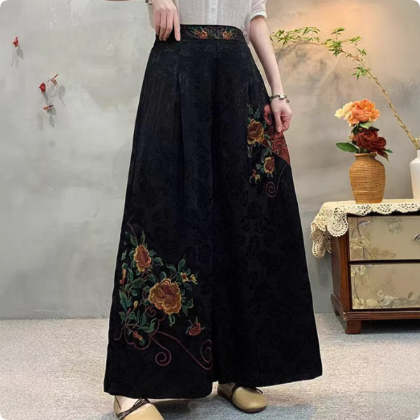 New Chinese-style Embroidered Wide-Leg Pants, Black Jacquard Draped Cropped Trousers