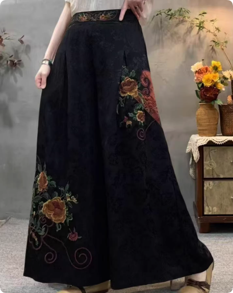 New Chinese-style Embroidered Wide-Leg Pants, Black Jacquard Draped Cropped Trousers