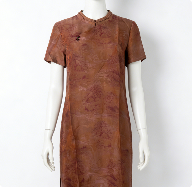 New Chinese-style Xiangyunsha Landscape Cheongsam, Vintage Brown Loose Modified Dress