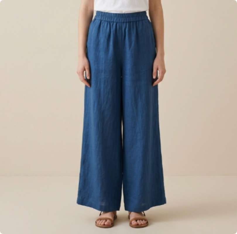 New Chinese-style Linen Wide-Leg Pants, Navy Elastic Waist Draped Cropped Trousers