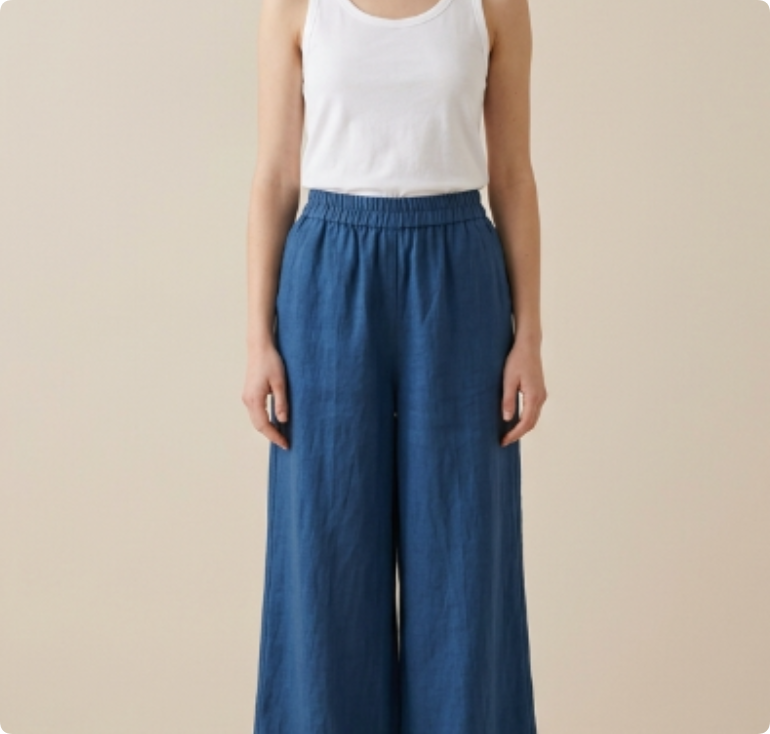New Chinese-style Linen Wide-Leg Pants, Navy Elastic Waist Draped Cropped Trousers
