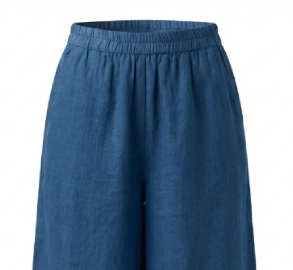 New Chinese-style Linen Wide-Leg Pants, Navy Elastic Waist Draped Cropped Trousers