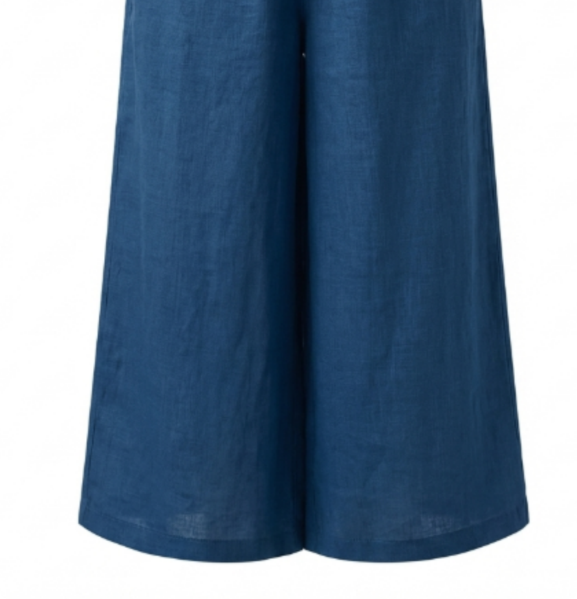 New Chinese-style Linen Wide-Leg Pants, Navy Elastic Waist Draped Cropped Trousers