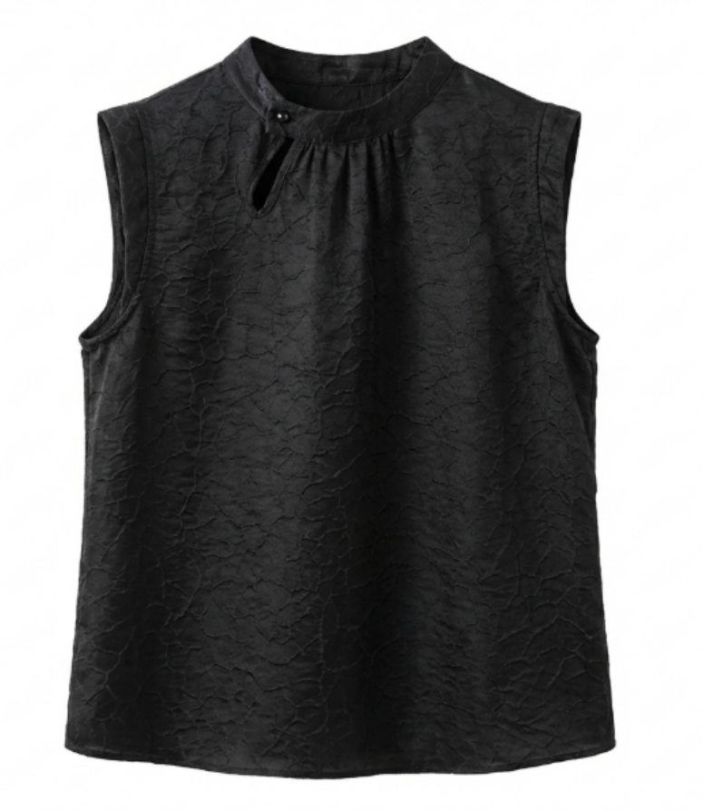 New Chinese-style Black Crinkled Texture Sleeveless Top
