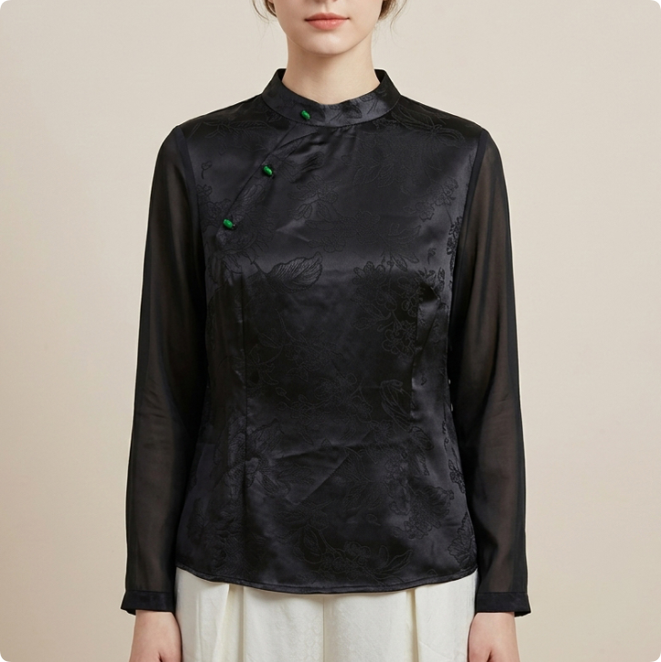 New Chinese-style Collar Velvet Cheongsam Top Black Slim Fit Blouse