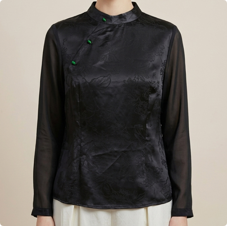 New Chinese-style Collar Velvet Cheongsam Top Black Slim Fit Blouse
