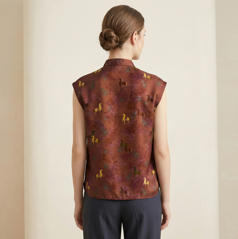 New Chinese Style Horse Print Mandarin Collar Sleeveless Vest