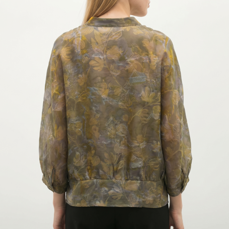 New Chinese-styleWomen's mid-sleeve top, printed cinched-waist shirt, summer shirt