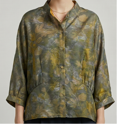 New Chinese-styleWomen's mid-sleeve top, printed cinched-waist shirt, summer shirt