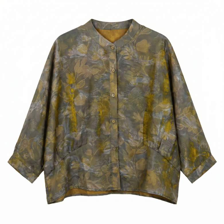New Chinese-styleWomen's mid-sleeve top, printed cinched-waist shirt, summer shirt