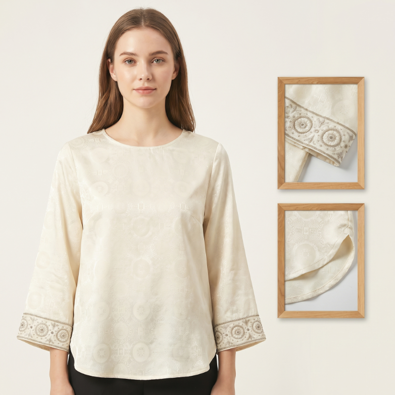 New Chinese-style Women's top jacquard silk shirt three-quarter sleeve embroidery small shirt round neck