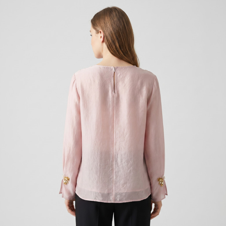 New Chinese-style women's top, round-neck long-sleeve shirt, embroidered sequin butterfly