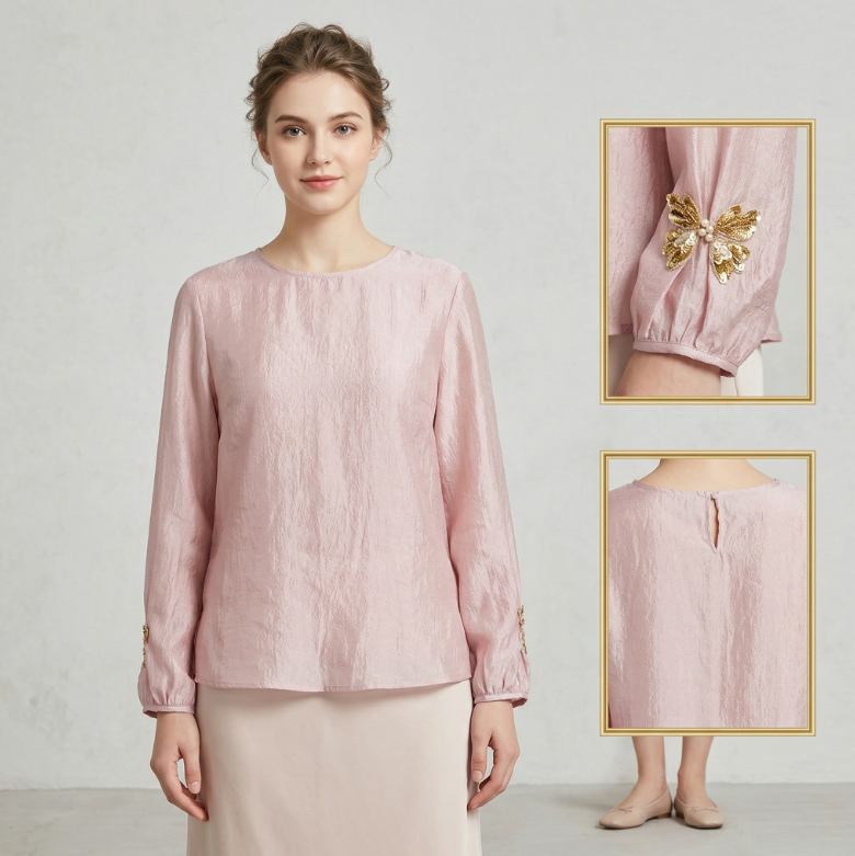 New Chinese-style women's top, round-neck long-sleeve shirt, embroidered sequin butterfly