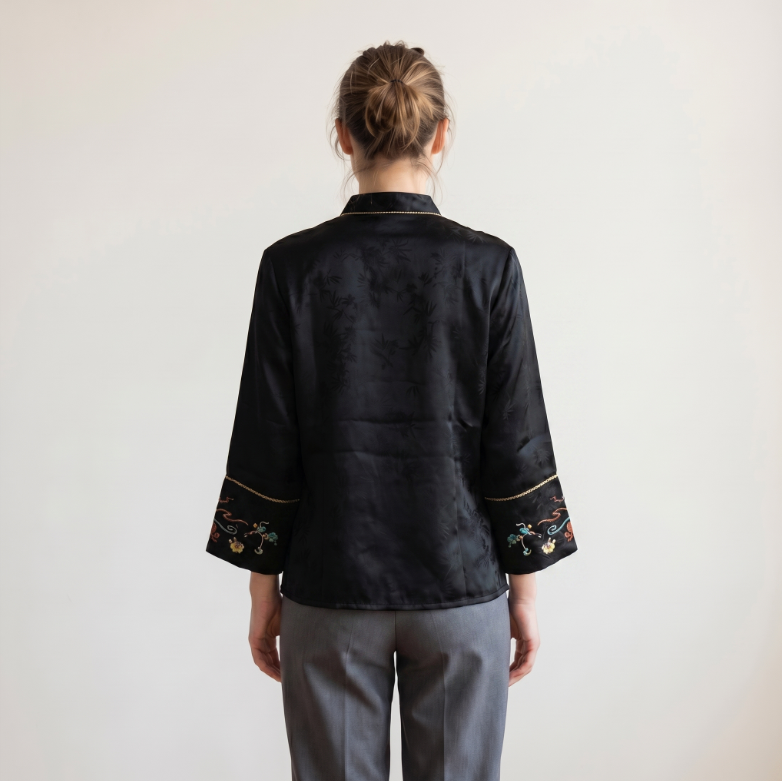 New Chinese-style women's top, embroidered silk satin shirt, stand collar shirt, elegant temperament