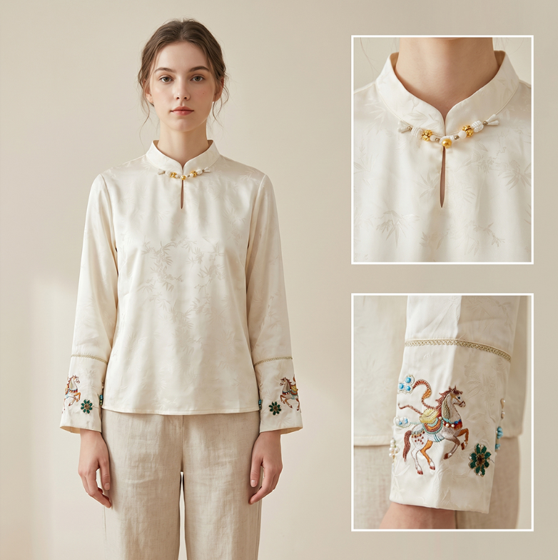 New Chinese-style women's top, embroidered silk satin shirt, stand collar shirt, elegant temperament