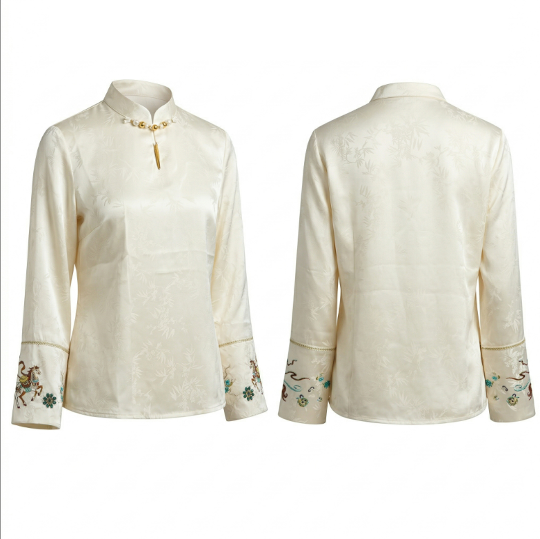 New Chinese-style women's top, embroidered silk satin shirt, stand collar shirt, elegant temperament
