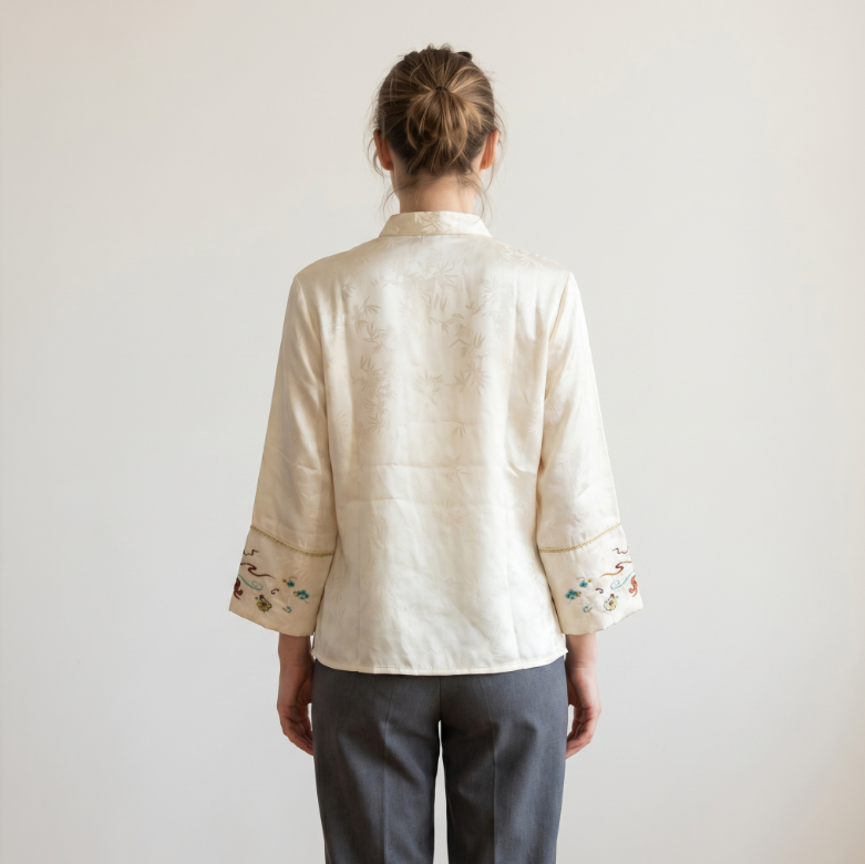 New Chinese-style women's top, embroidered silk satin shirt, stand collar shirt, elegant temperament