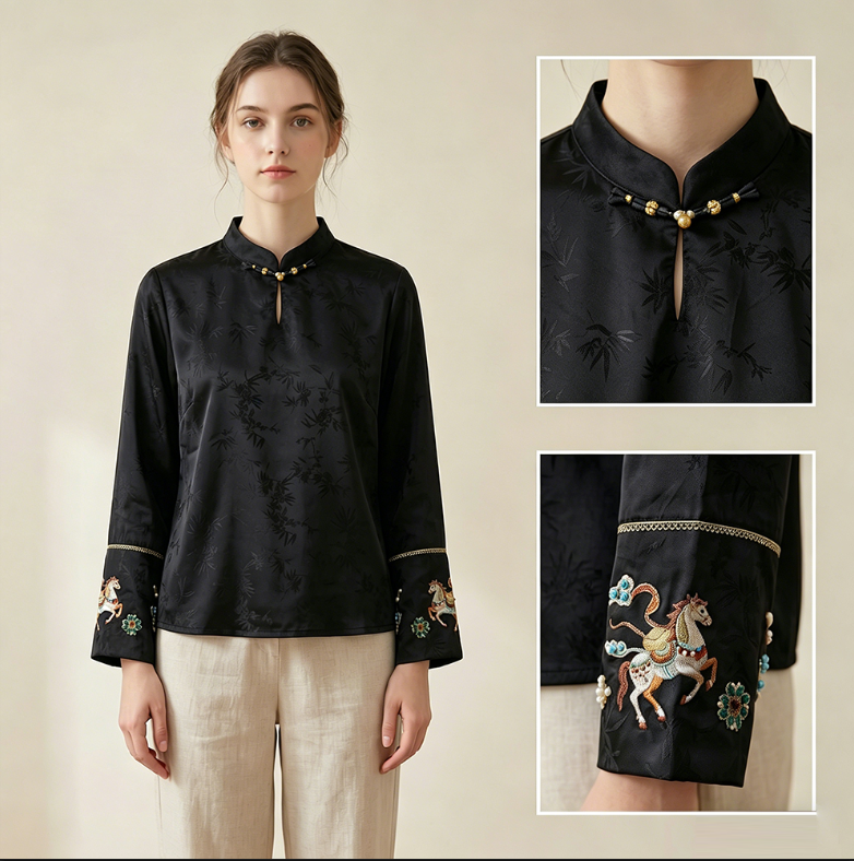 New Chinese-style women's top, embroidered silk satin shirt, stand collar shirt, elegant temperament