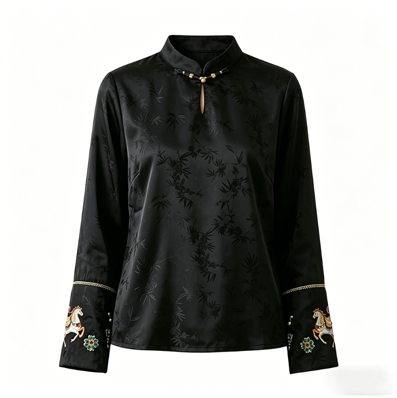 New Chinese-style women's top, embroidered silk satin shirt, stand collar shirt, elegant temperament