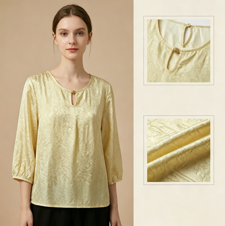 New Chinese-style women's top, silk blouse, summer mid-sleeve shirt
