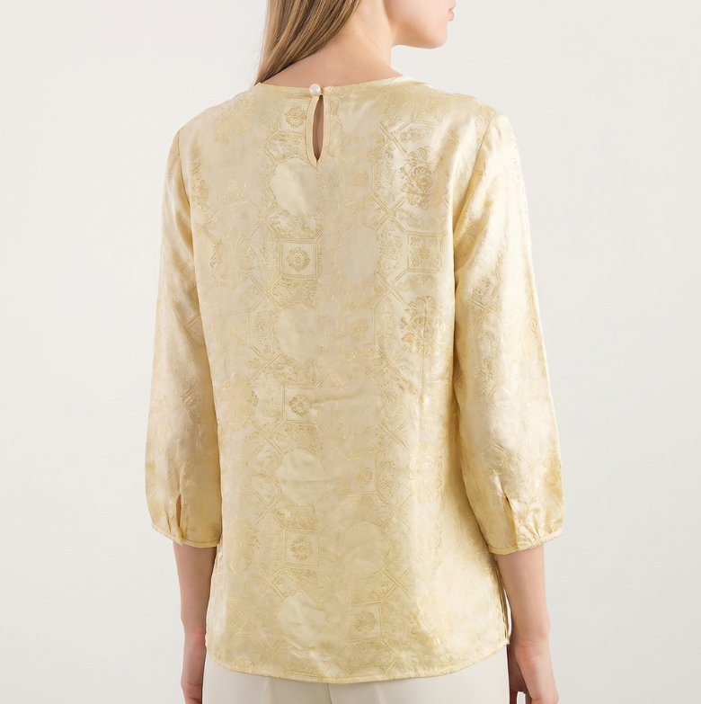 New Chinese-style women's top, silk blouse, summer mid-sleeve shirt