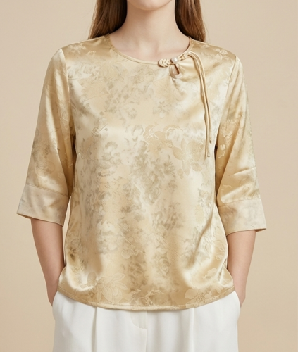 New Chinese-styleWomen's Summer Top, Round Neck, Half Sleeves, Lightweight Elegant Shirt