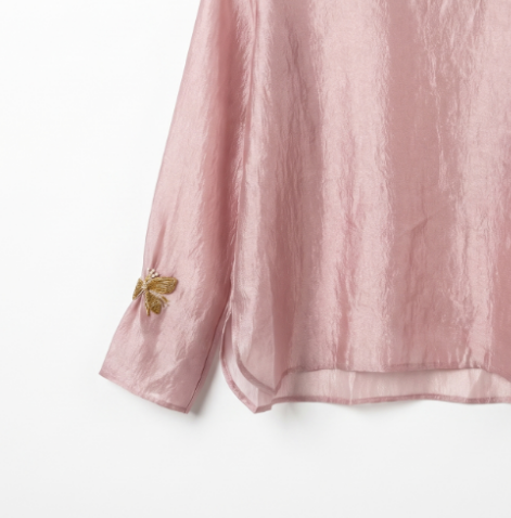 New Chinese-style women's top, round-neck long-sleeve shirt, embroidered sequin butterfly