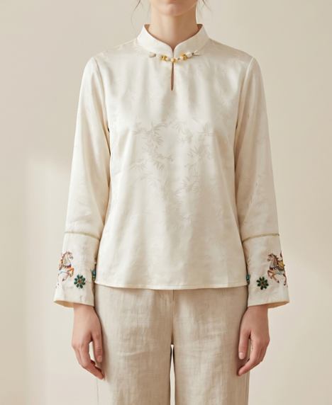 New Chinese-style women's top, embroidered silk satin shirt, stand collar shirt, elegant temperament