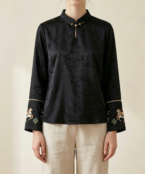 New Chinese-style women's top, embroidered silk satin shirt, stand collar shirt, elegant temperament