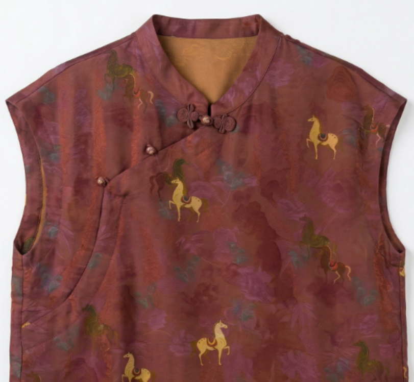 New Chinese Style Horse Print Mandarin Collar Sleeveless Vest