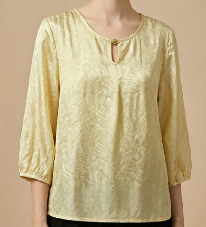 New Chinese-style women's top, silk blouse, summer mid-sleeve shirt
