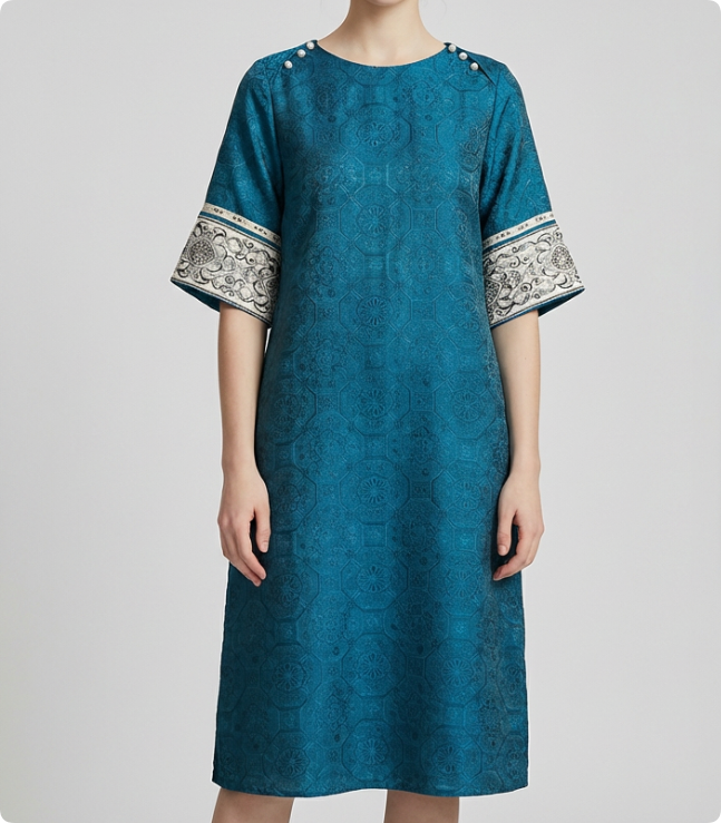 New Chinese-style Blue Jacquard Embroidered Loose Dress