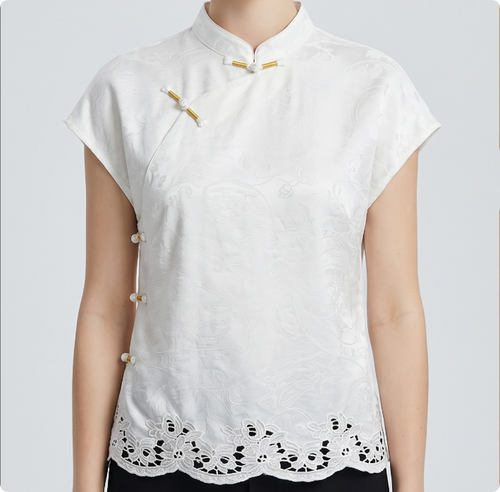 New Chinese style White Jacquard Diagonal Placket Frog Button Blouse
