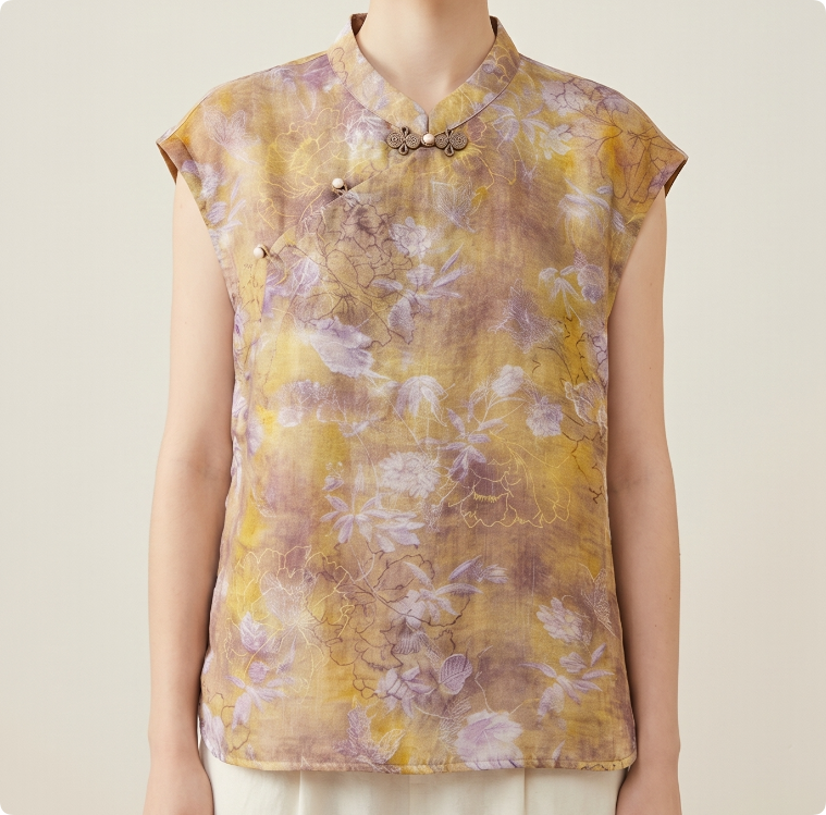 New Chinese Style Vintage Print Mandarin Collar Sleeveless Blouse